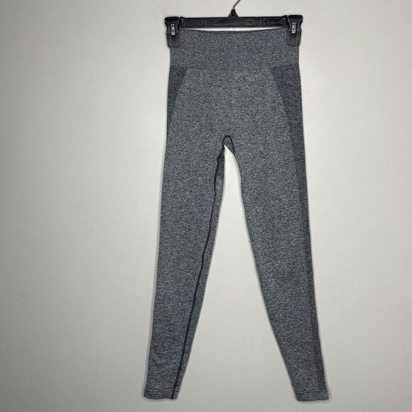 GYMSHARK Womens Gray High-Waisted Flex Leggings EUC Purple Spellout Logo Sz XS - Picture 1 of 7